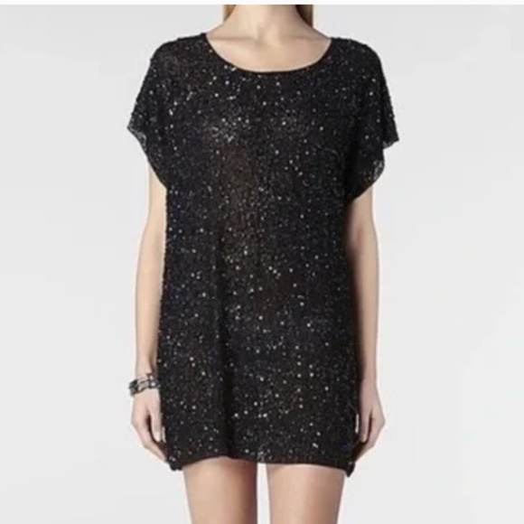 All Saints Hand Embroidered Embellished Mini Sparkle Dress Black Sequins - Picture 1 of 10